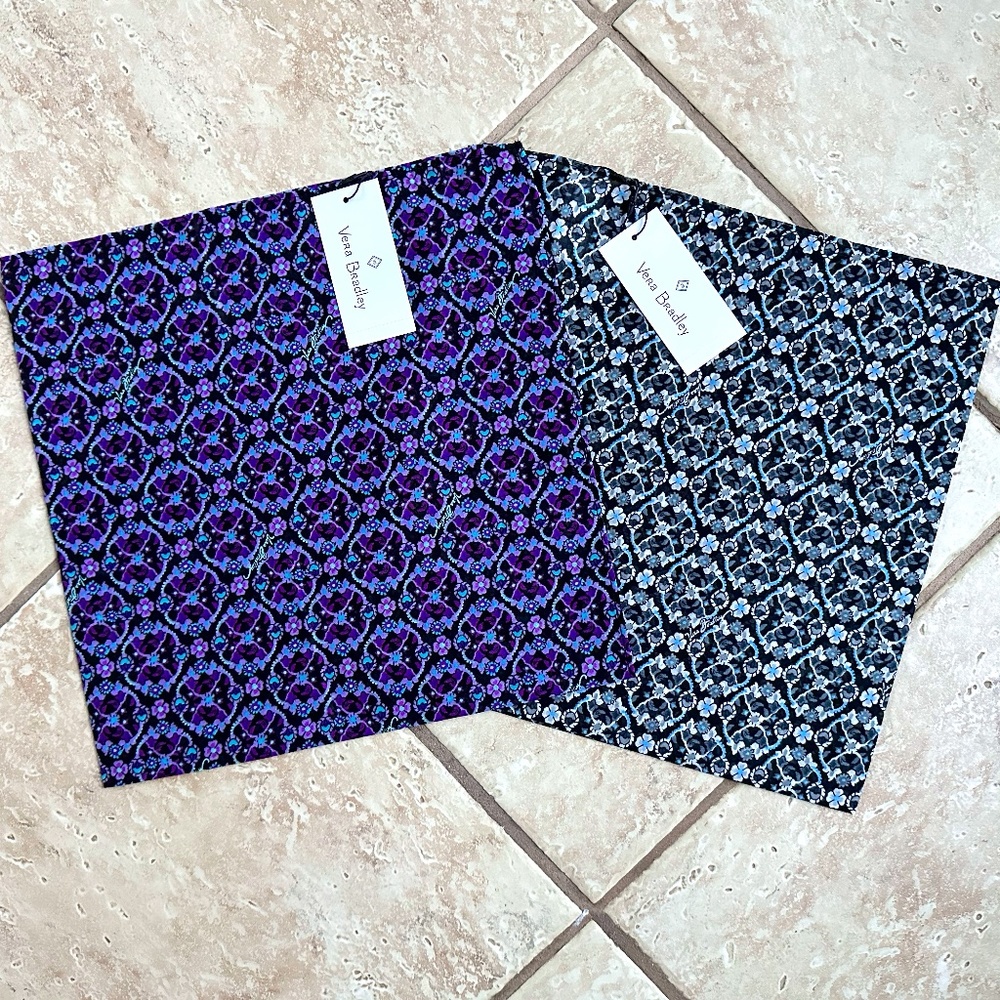 VERA BRADLEY BANDANA SCARF SET:NEW SET OF TWO: LILAC VINES + CHARCOAL VINES
